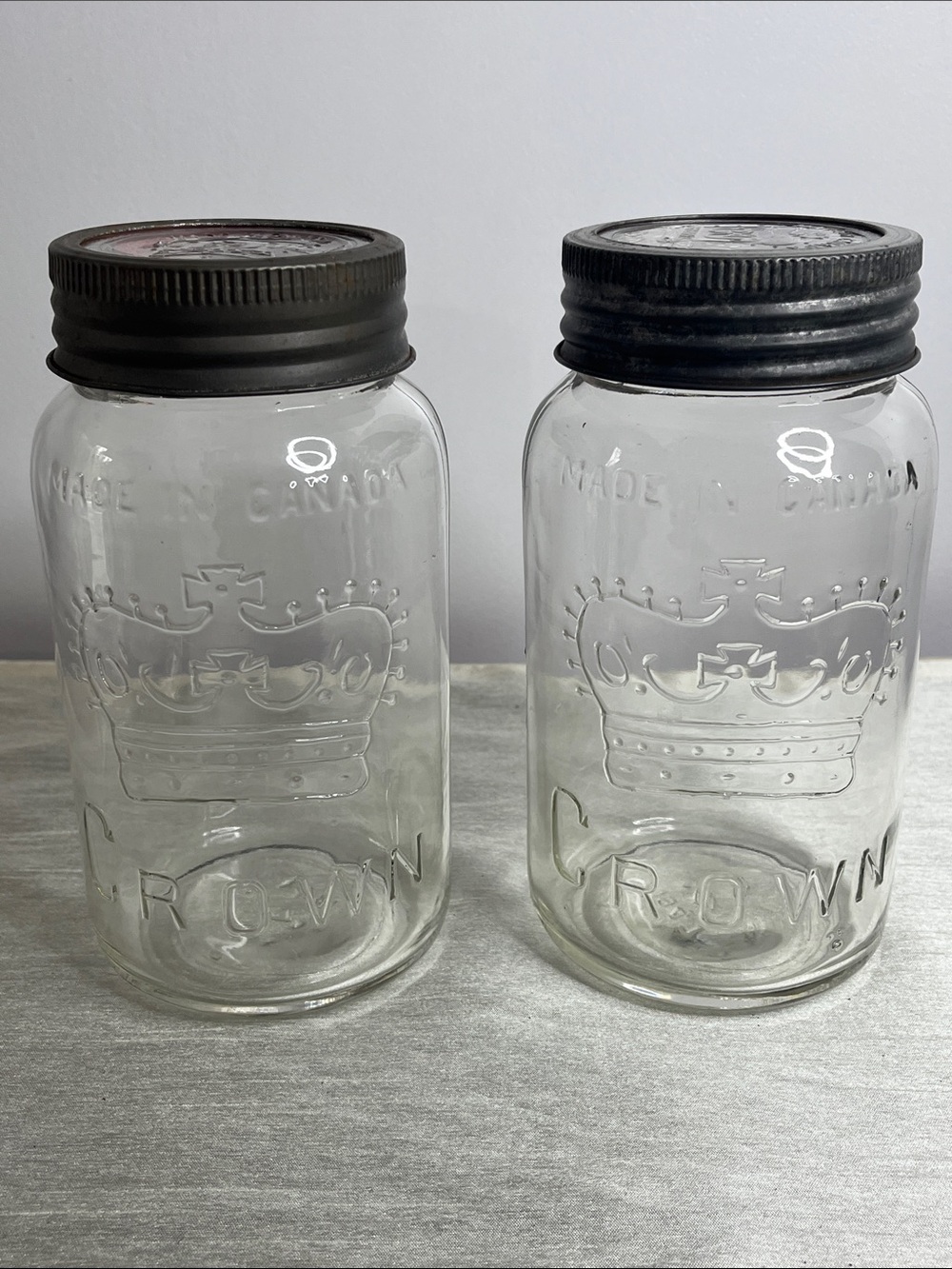 Pair of Vintage 1947 Crown Mason Jars - Imperial Quarts with Embossed Crown Lids